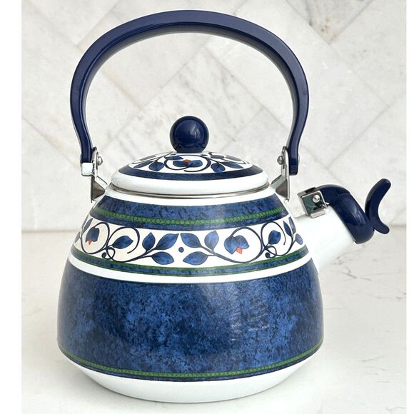 Pfaltzgraff Enamel Tea Kettle Blue/Green/White Stripe & Floral Orleans Pattern - Picture 1 of 9
